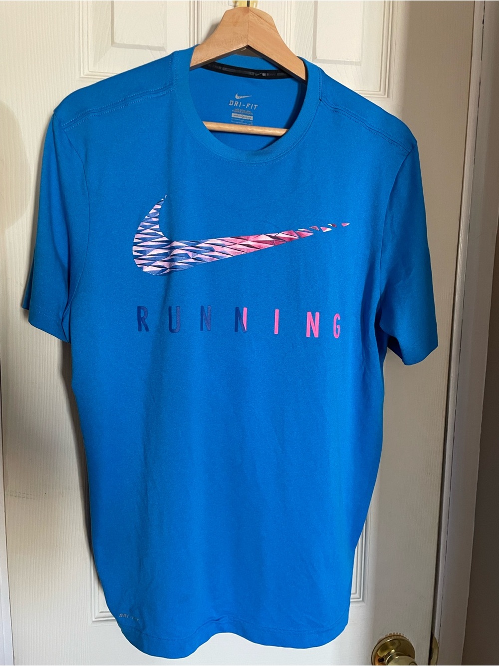 Nike Blue Short-Sleeve Running Tee with Multicolor Swoosh